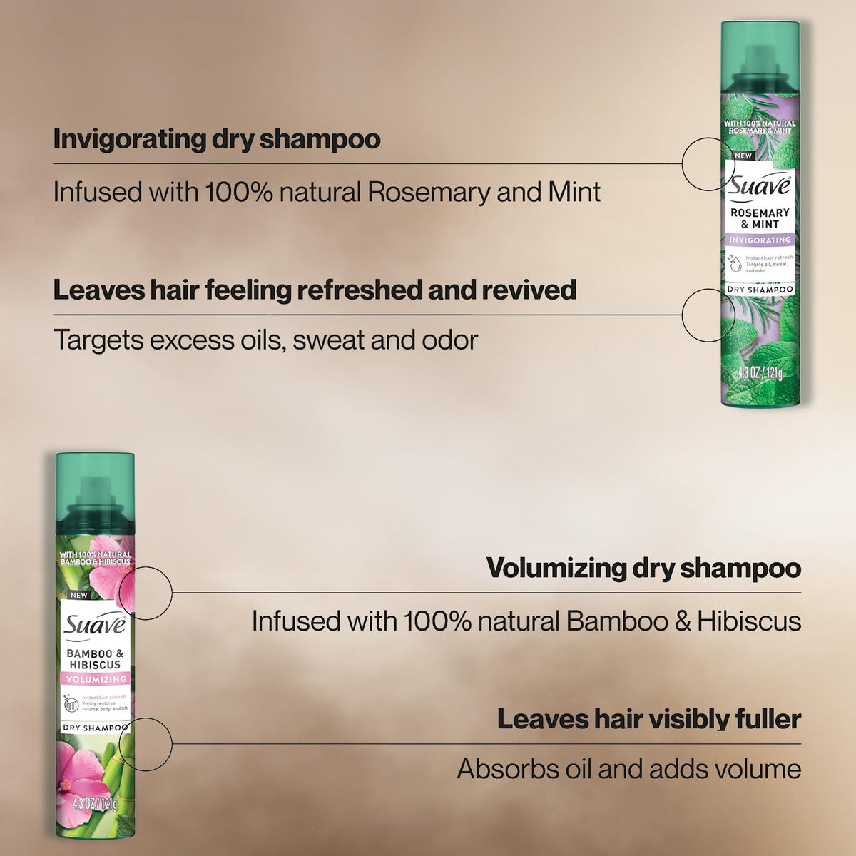 Suave Dry Shampoo Bamboo Hibiscus bottle adds lightweight volume