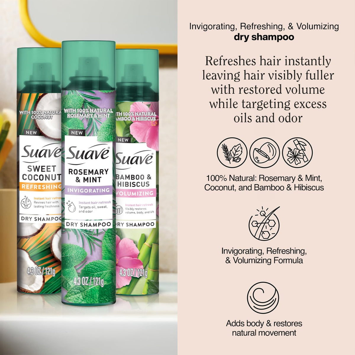 Suave dry shampoo Bamboo Hibiscus spray adds instant volume