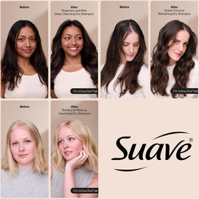 Suave dry shampoo Rosemary Mint in-use application on roots for quick lift