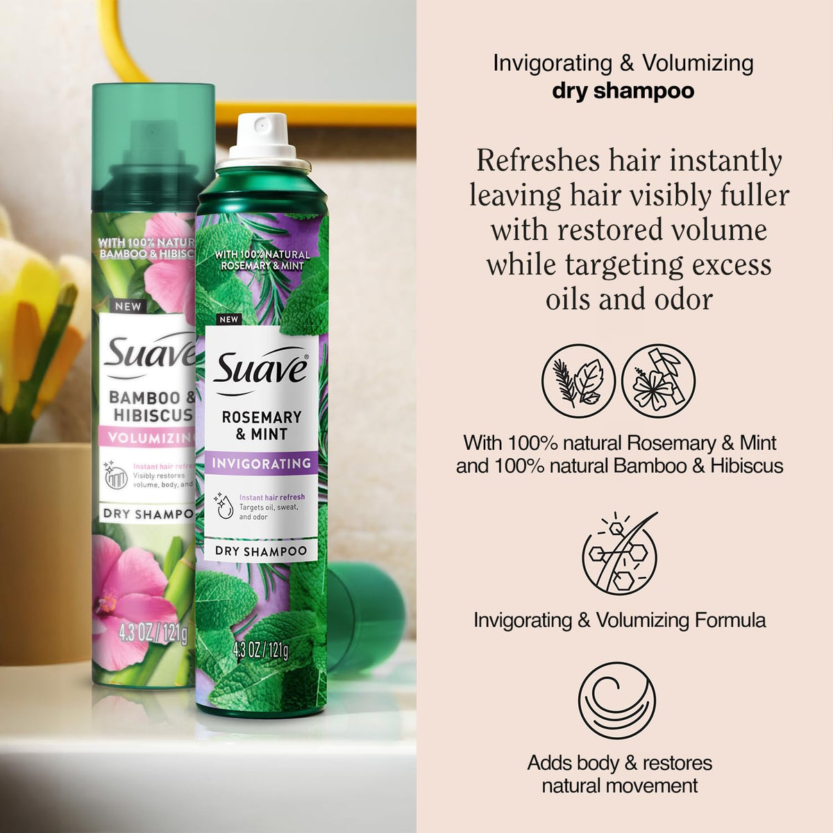 Suave Dry Shampoo Rosemary Mint spray action for easy on-the-go refresh