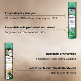 Suave Dry Shampoo Spray Coconut bottle adds tropical scent and hair refresh.