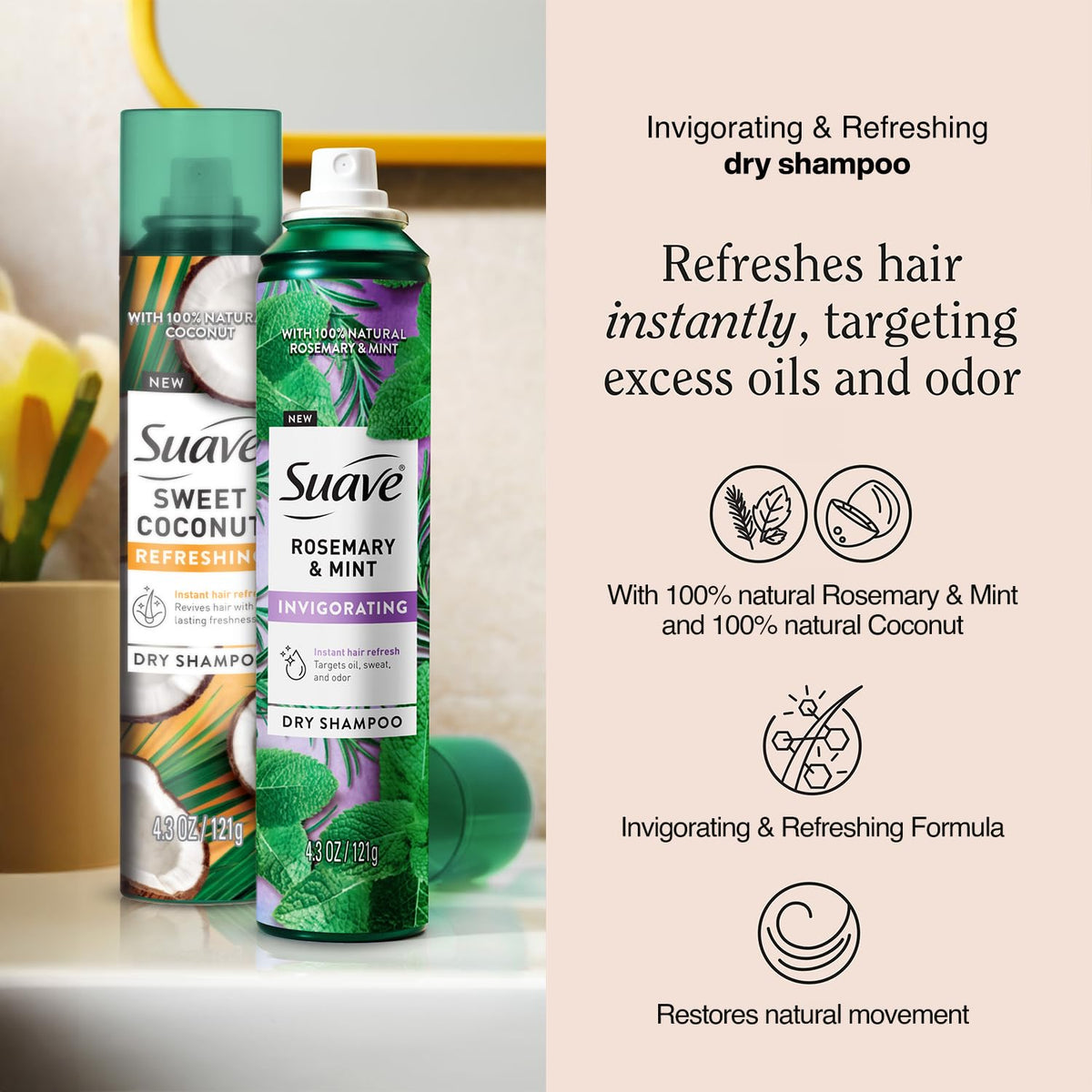 Suave Dry Shampoo Spray Rosemary Mint application on roots for quick lift.