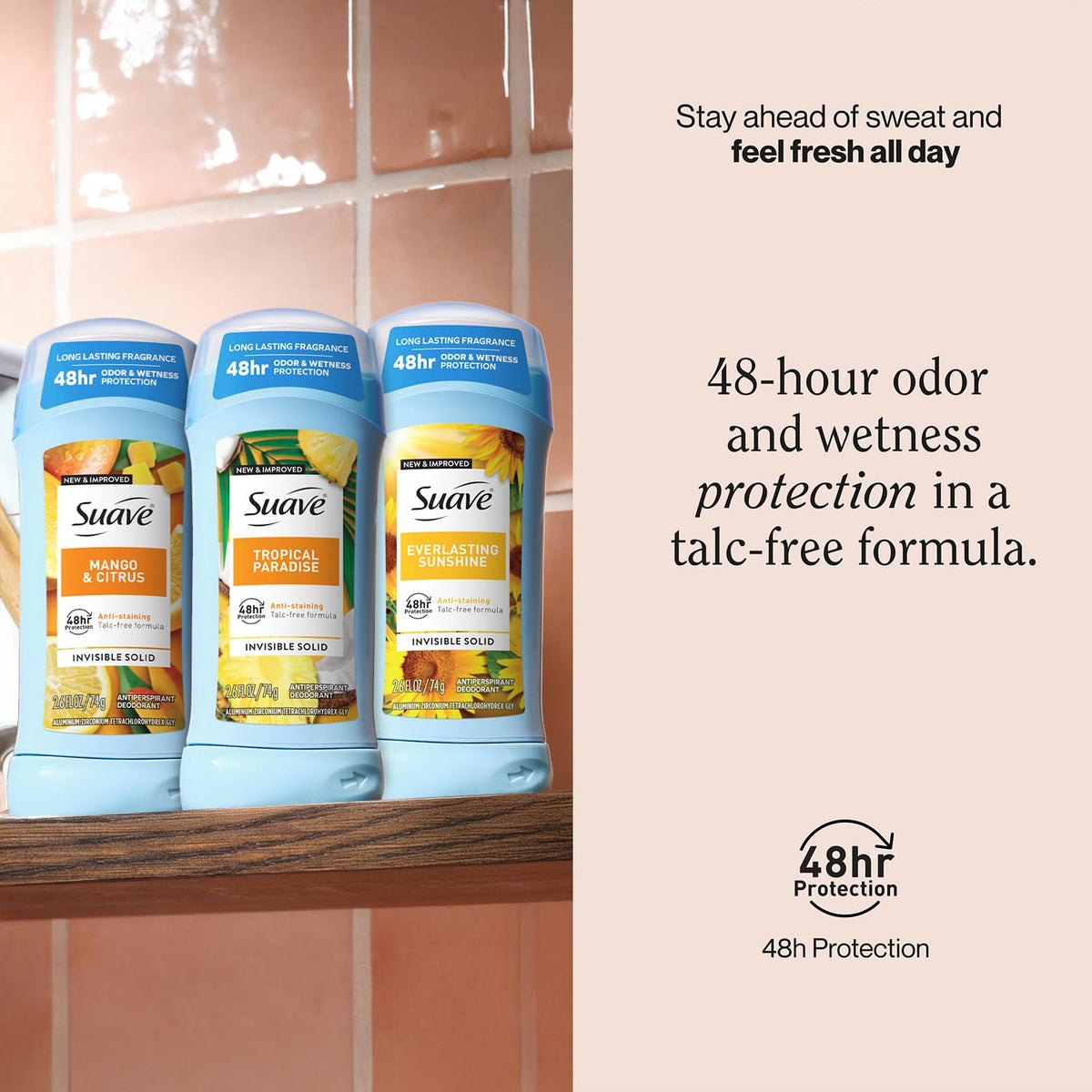 Suave Everlasting Sunshine deodorant stick featuring vanilla notes and a smooth finish.