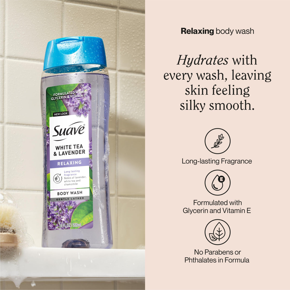 Suave creamy lather close-up highlighting gentle cleansing.