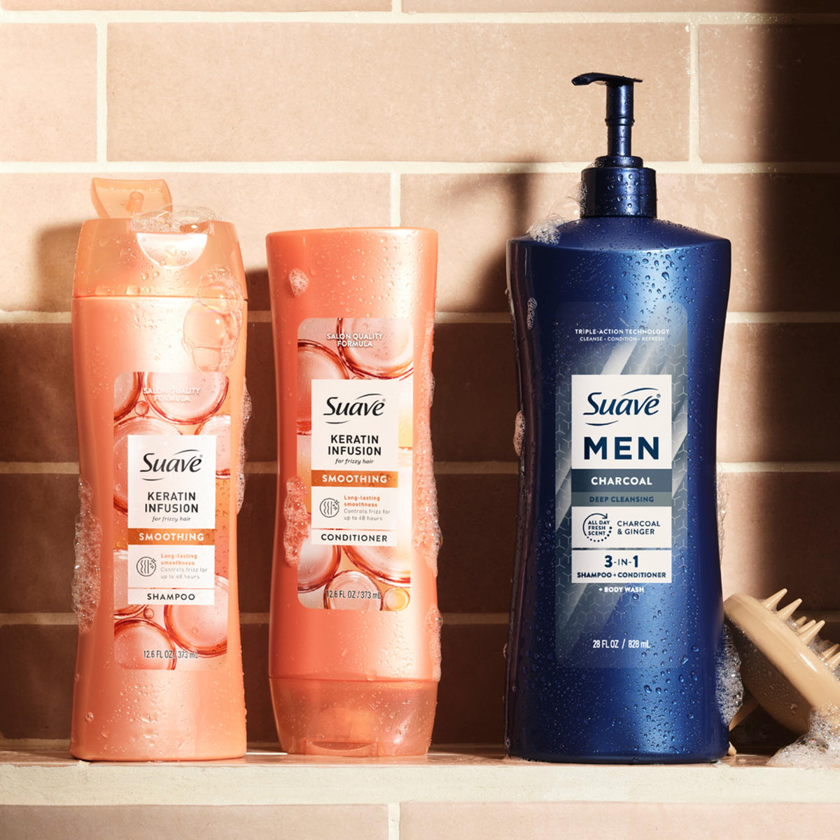 Suave product on sink suggests hair softness and skin hydration.