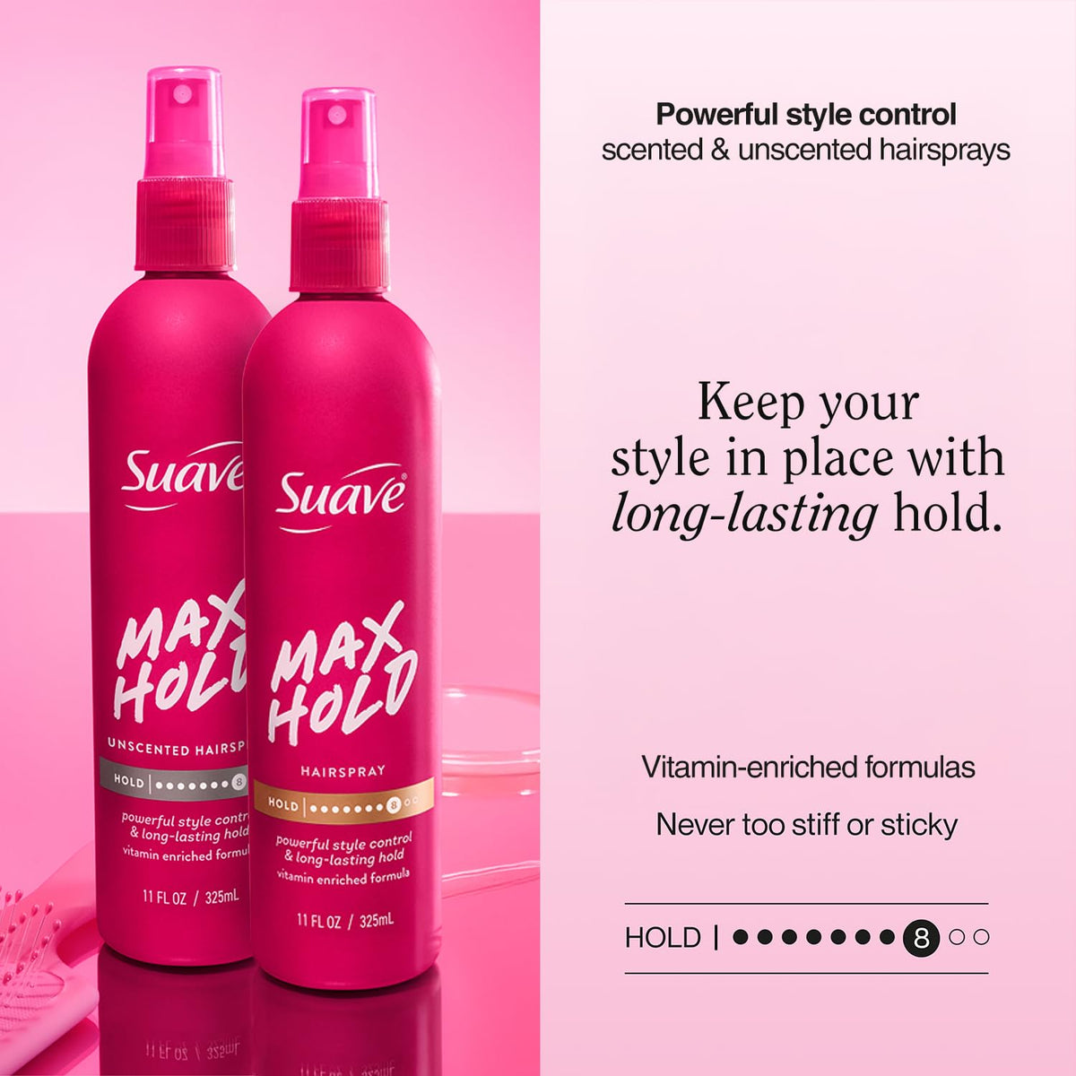 Suave Hairspray Max Hold unscented bottle close-up for fragrance-free styling