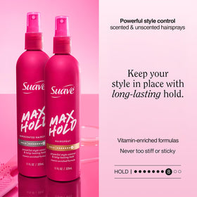 Suave Hairspray Max Hold unscented bottle close-up for fragrance-free styling