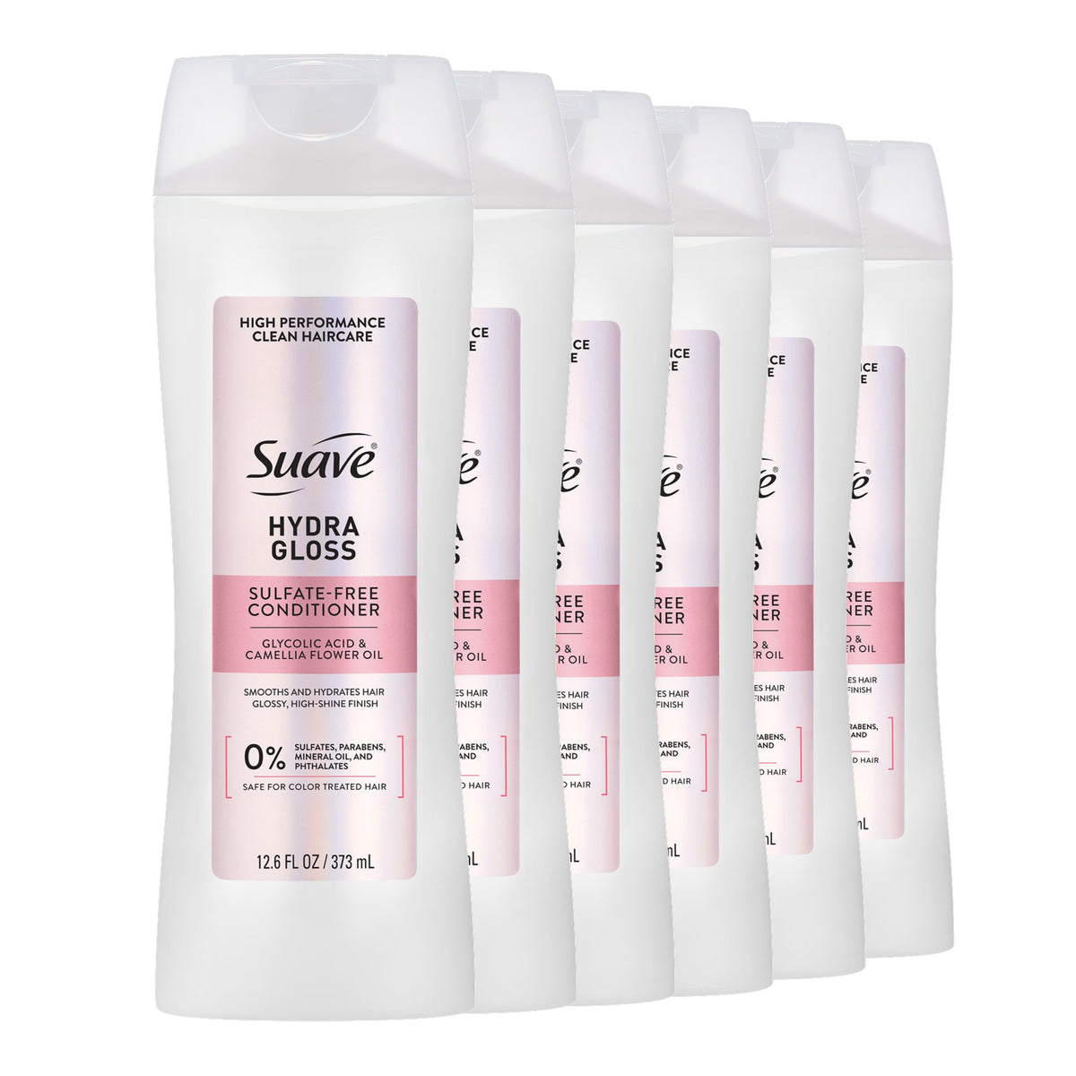 Suave Hydra Gloss Conditioner bottle application highlights smooth detangling and lightweight hydration.