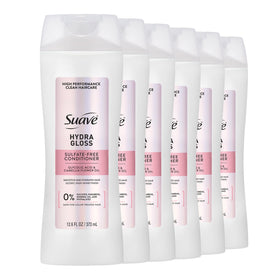 Suave Hydra Gloss Conditioner bottle application highlights smooth detangling and lightweight hydration.
