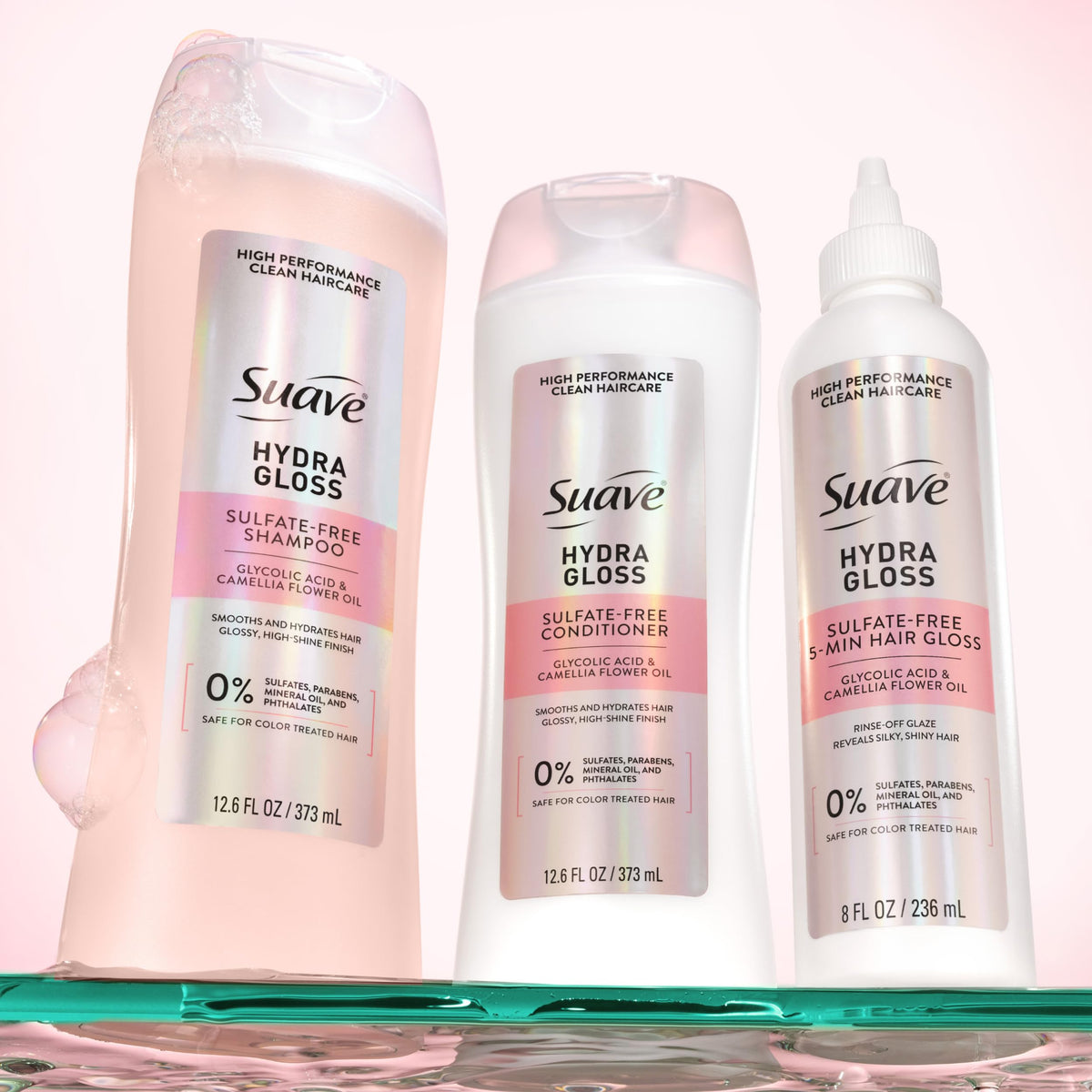 Suave Hydra Gloss Conditioner color-safe label reinforces gentle care for color-treated hair.