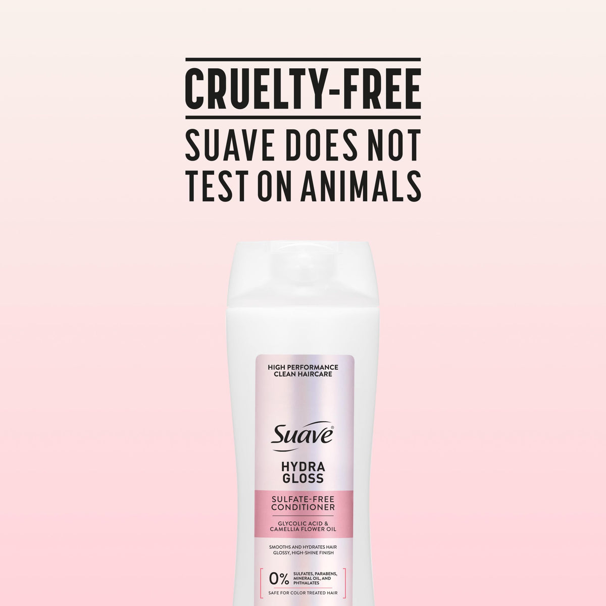 Suave Hydra Gloss Conditioner cruelty-free badge signals ethical, worry-free use.