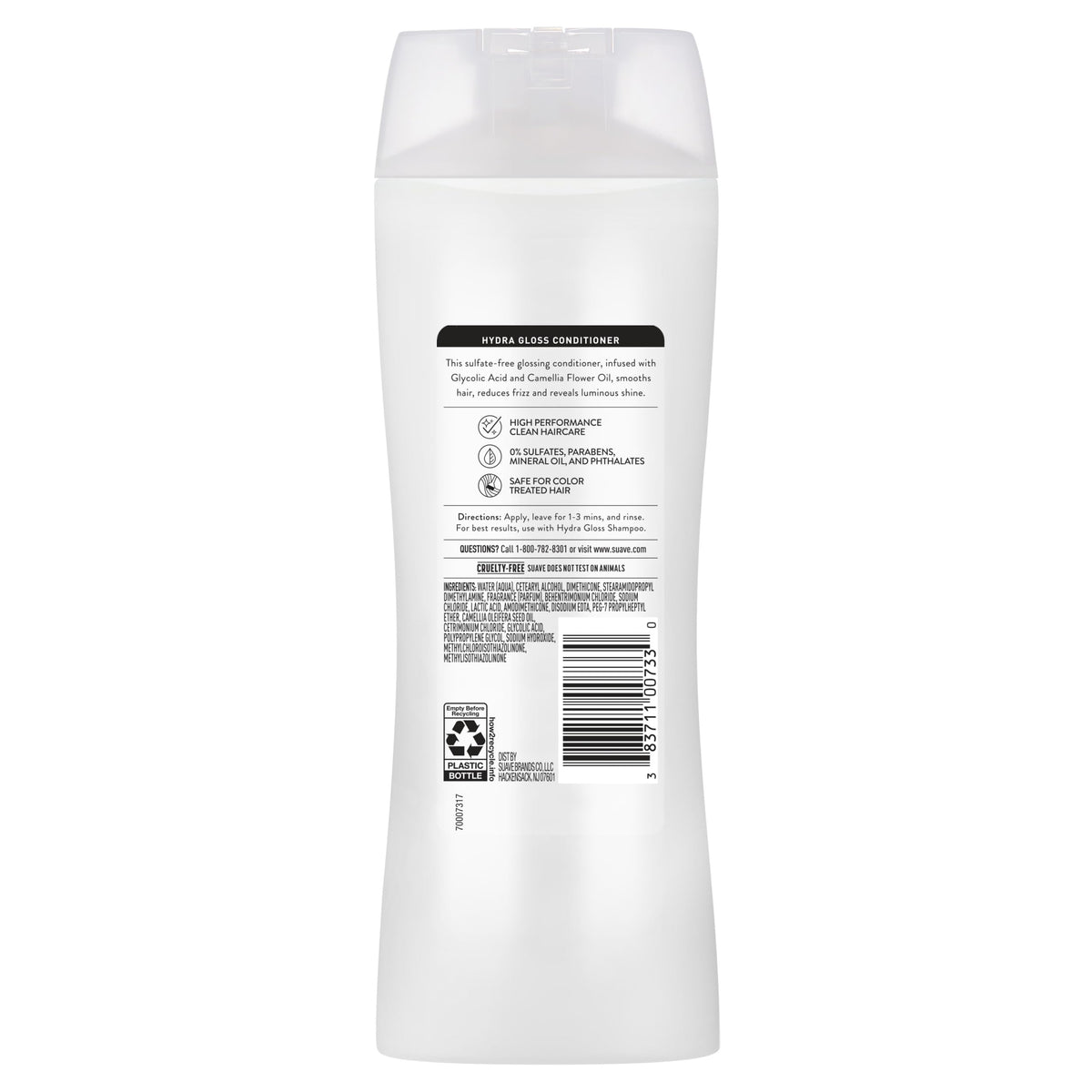Suave Hydra Gloss Conditioner in shower bottle suggests daily use for frizz control.