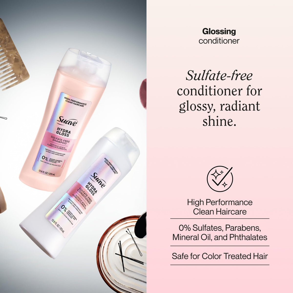 Suave Hydra Gloss Conditioner ingredients glycolic acid visually displayed for refined hair texture.