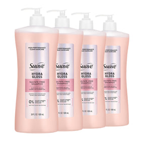 Suave Hydra Gloss Shampoo bottle front showcases glossy shine for vibrant hair.