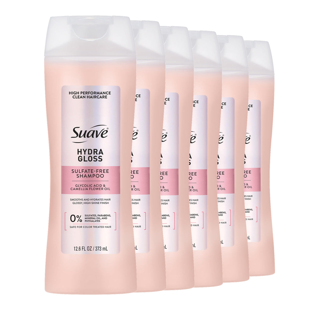 Suave Hydra Gloss shampoo bottle shows a color-safe, glossy finish.
