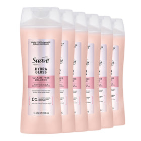 Suave Hydra Gloss shampoo bottle shows a color-safe, glossy finish.