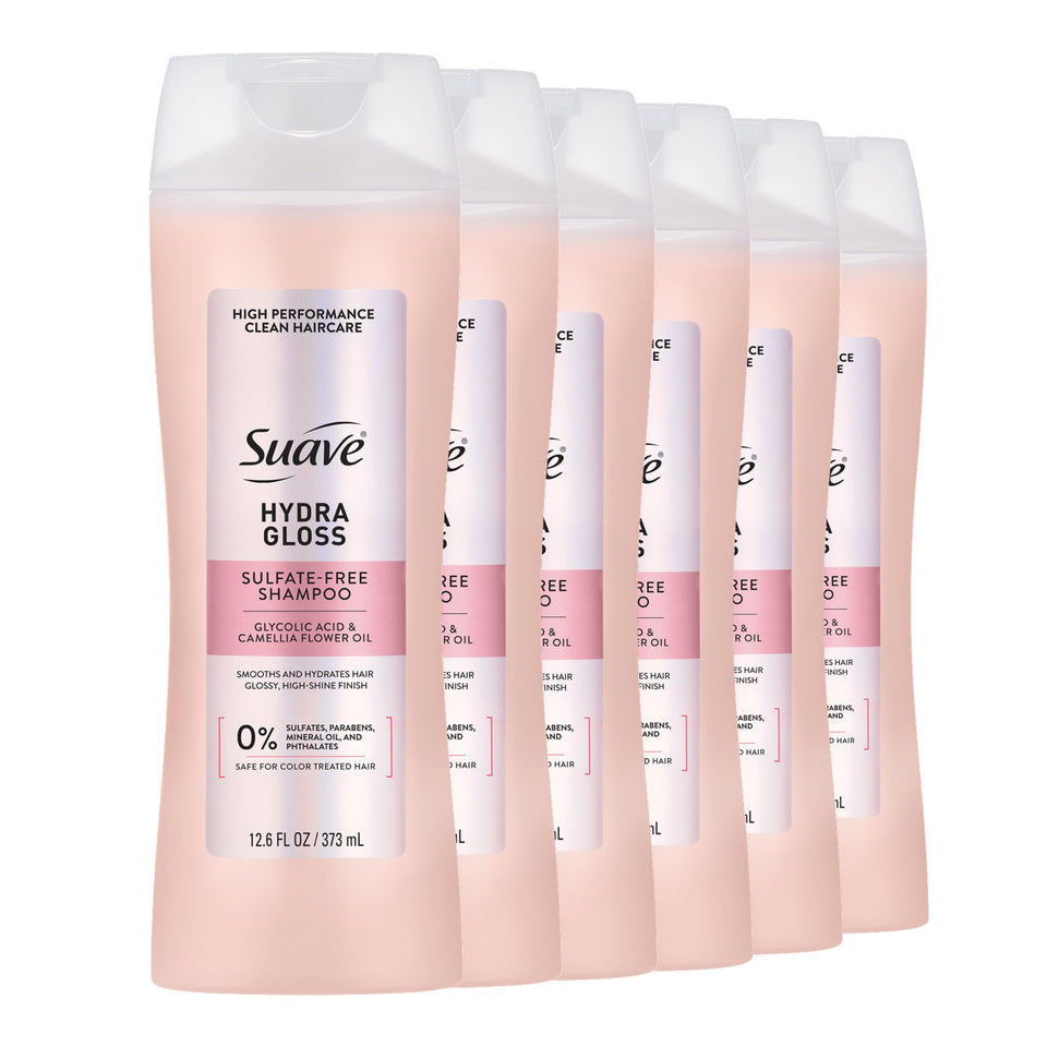 Suave Hydra Gloss shampoo bottle shows a color-safe, glossy finish.