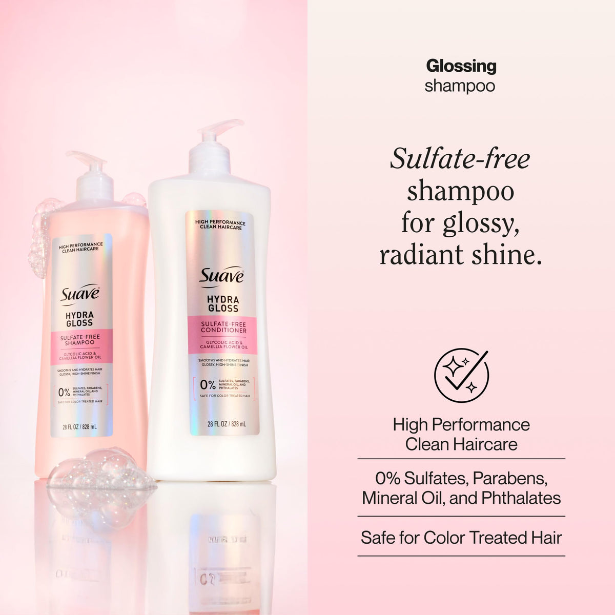 Close-up of label highlights glycolic acid and camellia oil for smoother hair.
