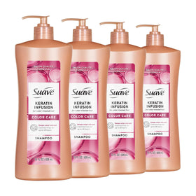 Suave Keratin Infusion Color Care Shampoo bottle showing color-safe protection for color-treated hair