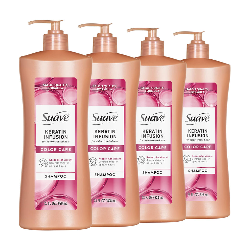 Suave Keratin Infusion Color Care Shampoo bottle showing color-safe protection for color-treated hair