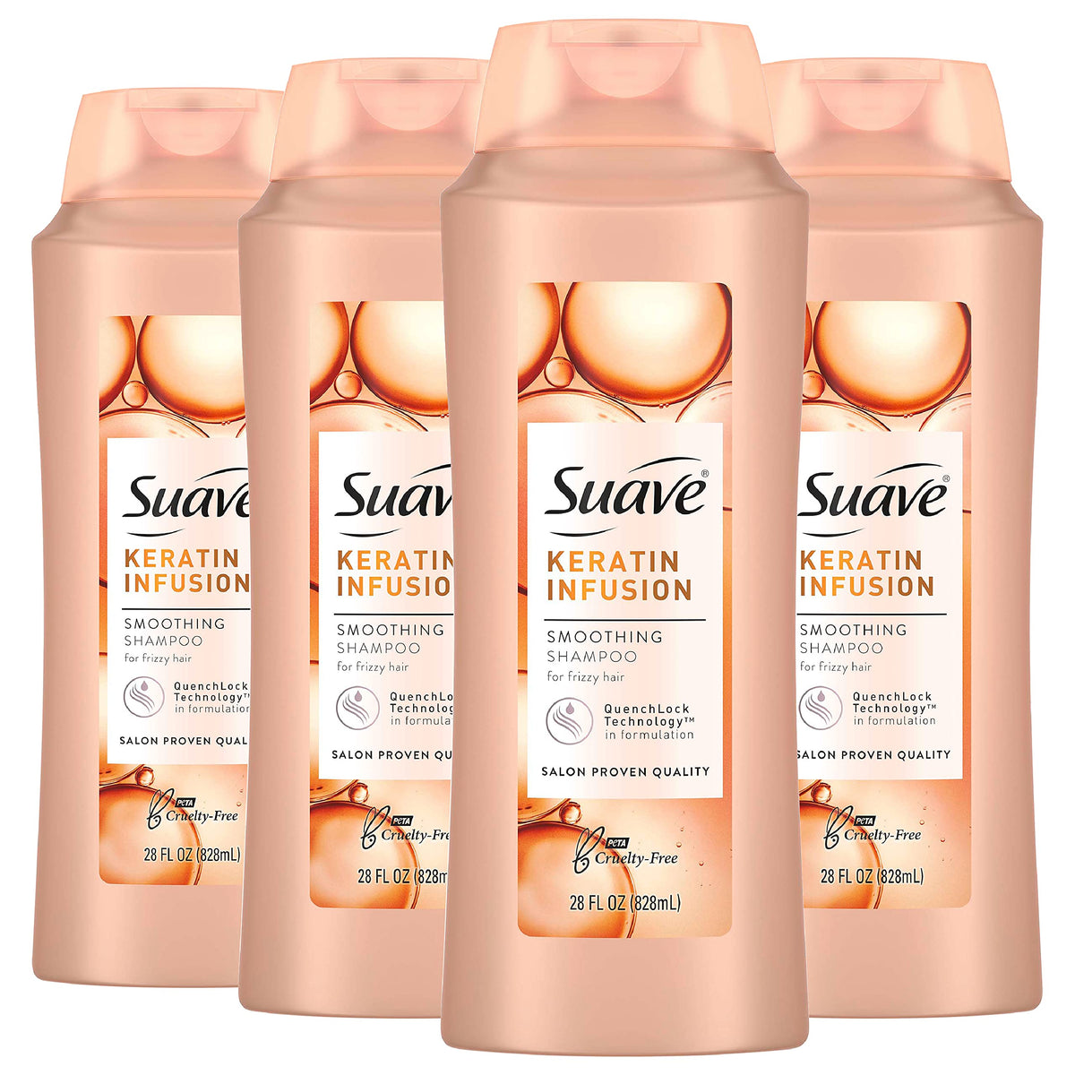 Suave Keratin Infusion Shampoo bottle front—salon smoothing.