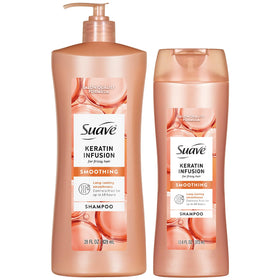 Suave Keratin Infusion Shampoo bottle delivers gentle daily cleansing for smooth hair.