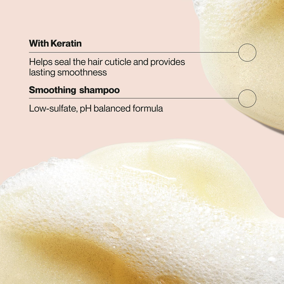 Close-up of Suave Keratin Infusion Shampoo label highlights low-sulfate, gentle formula.
