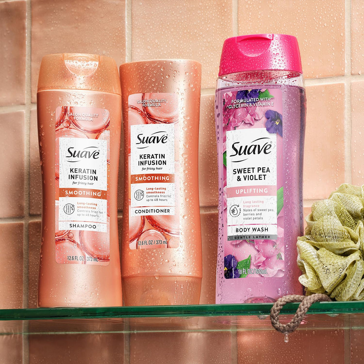 On-the-go travel scene with Suave Keratin Infusion Shampoo kit.
