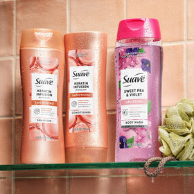 On-the-go travel scene with Suave Keratin Infusion Shampoo kit.