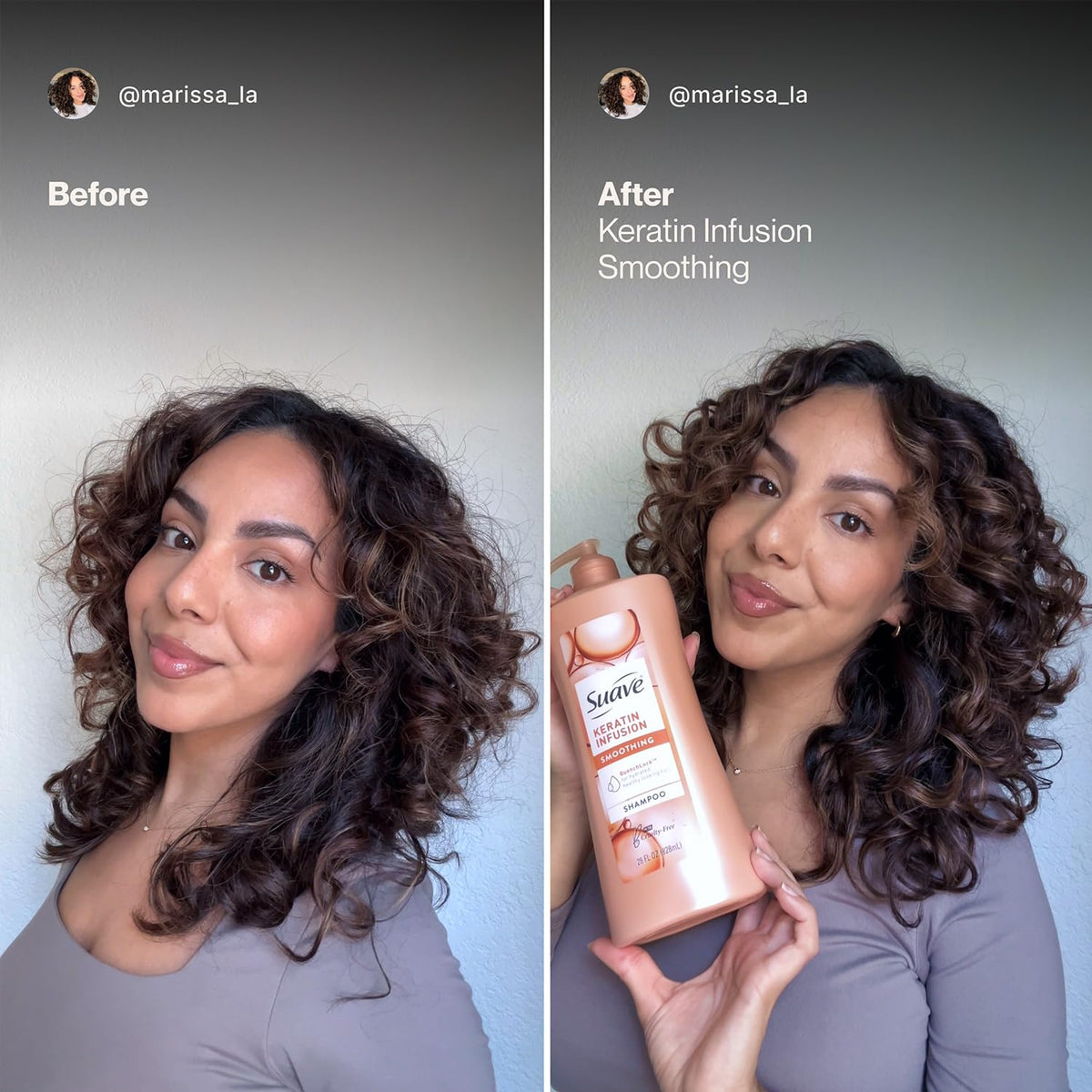 Close-up label shows keratin infusion formula and gentle conditioning.