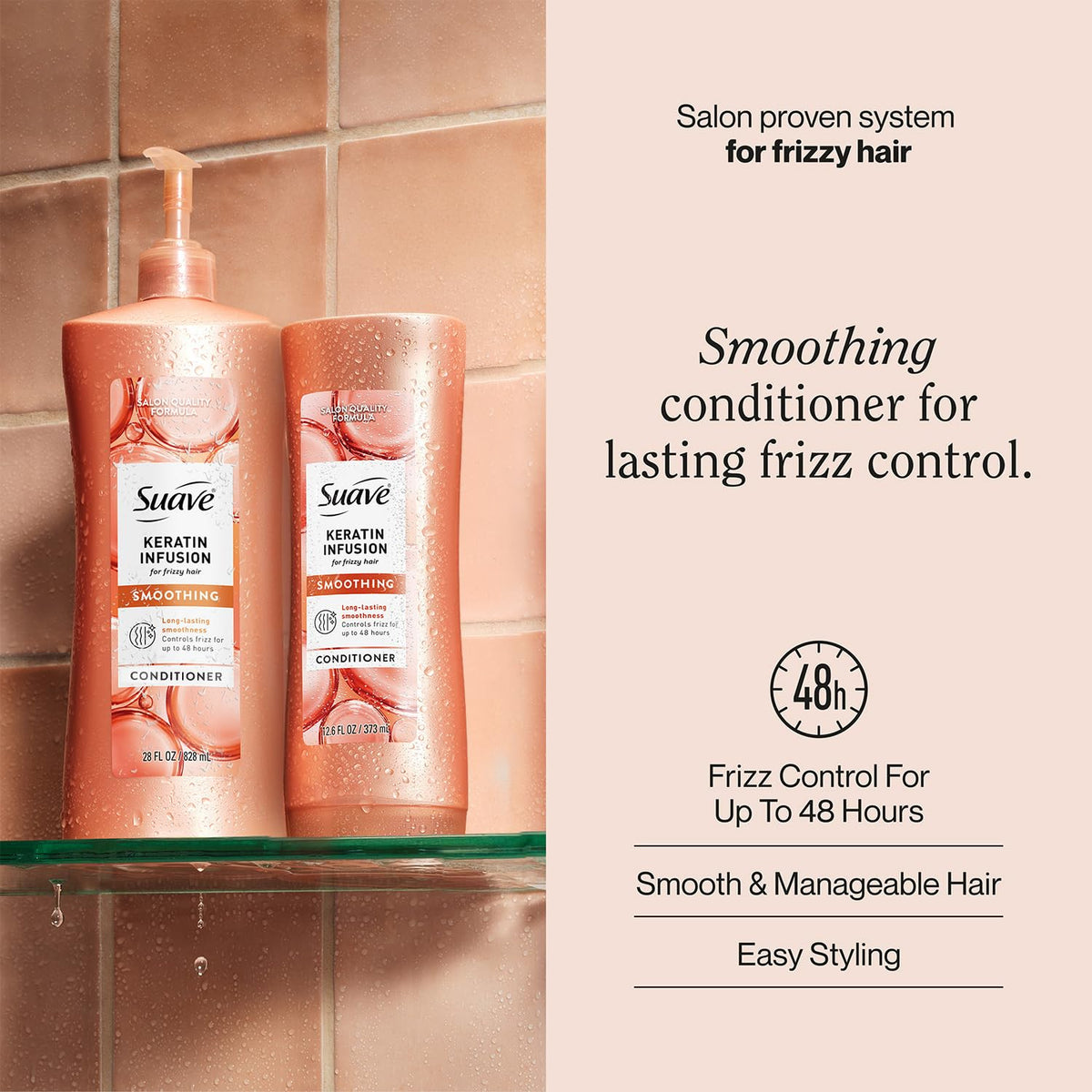 Suave Keratin Infusion smoothing conditioner pump bottle offers convenient large-size option.