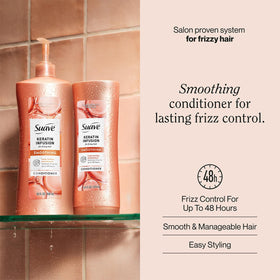 Suave Keratin Infusion smoothing conditioner pump bottle offers convenient large-size option.