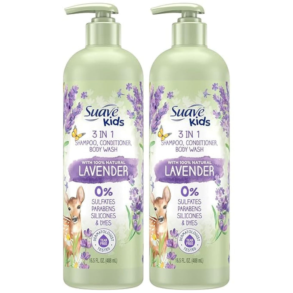 Suave Kids 3-in-1 lavender bottle for tear-free bath time and gentle cleansing