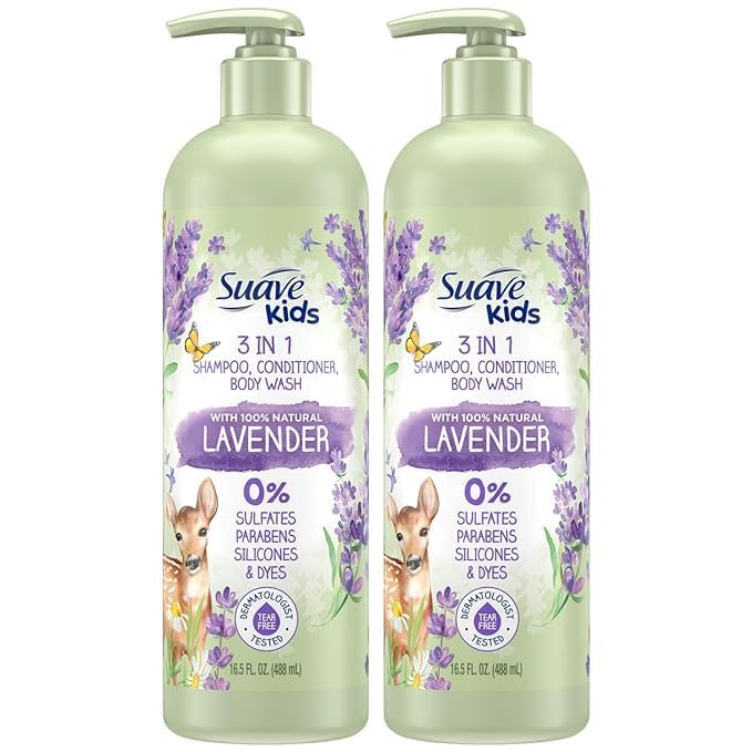 Close-up of Suave Kids 3-in-1 lavender lather for soft hair and skin