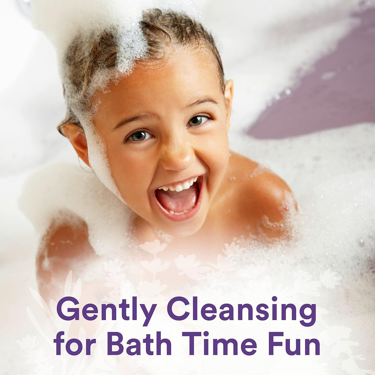 Lavender bath time tub scene featuring Suave Kids 3-in-1