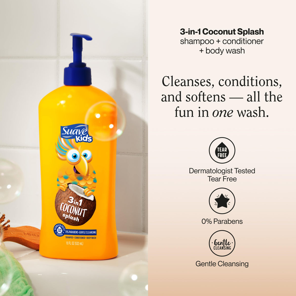 Suave Kids 3-in-1 tear-free formula safeguarding eyes during bath time