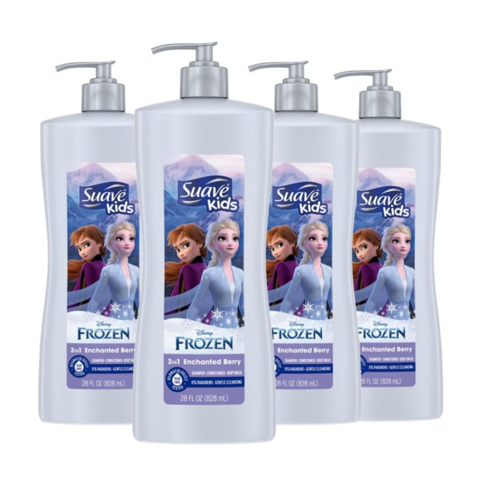 Suave Kids 3 in 1 Enchanted Berry display bottle for easy bath time selection.
