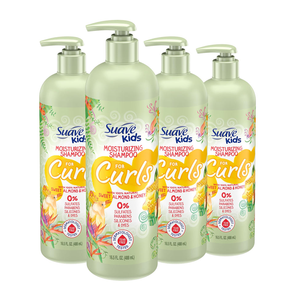 Suave Kids Naturals Sweet Almond Honey shampoo bottle with tear-free formula for curls.