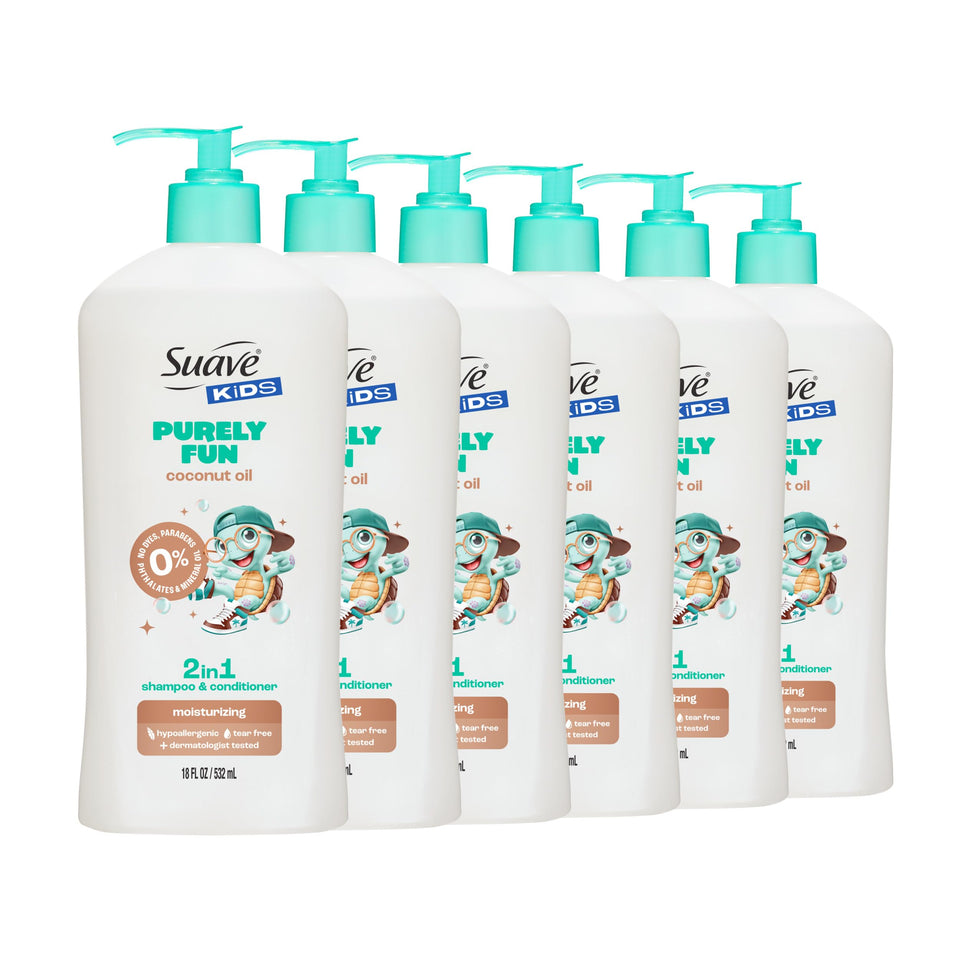 Suave Kids Purely Fun 2-in-1 bottle with coconut oil for gentle cleansing