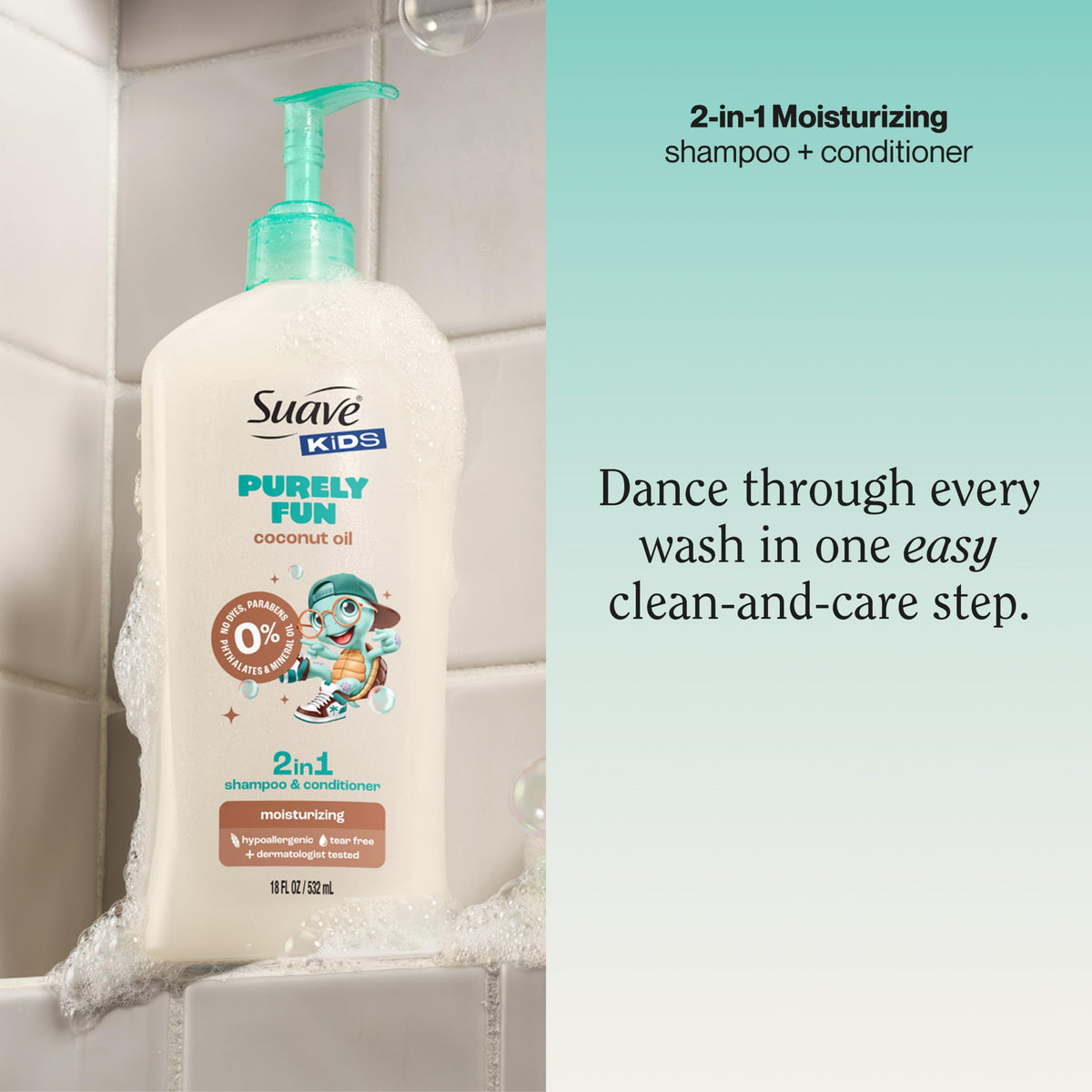 Suave Kids Purely Fun 2-in-1 pour action demonstrates easy rinse