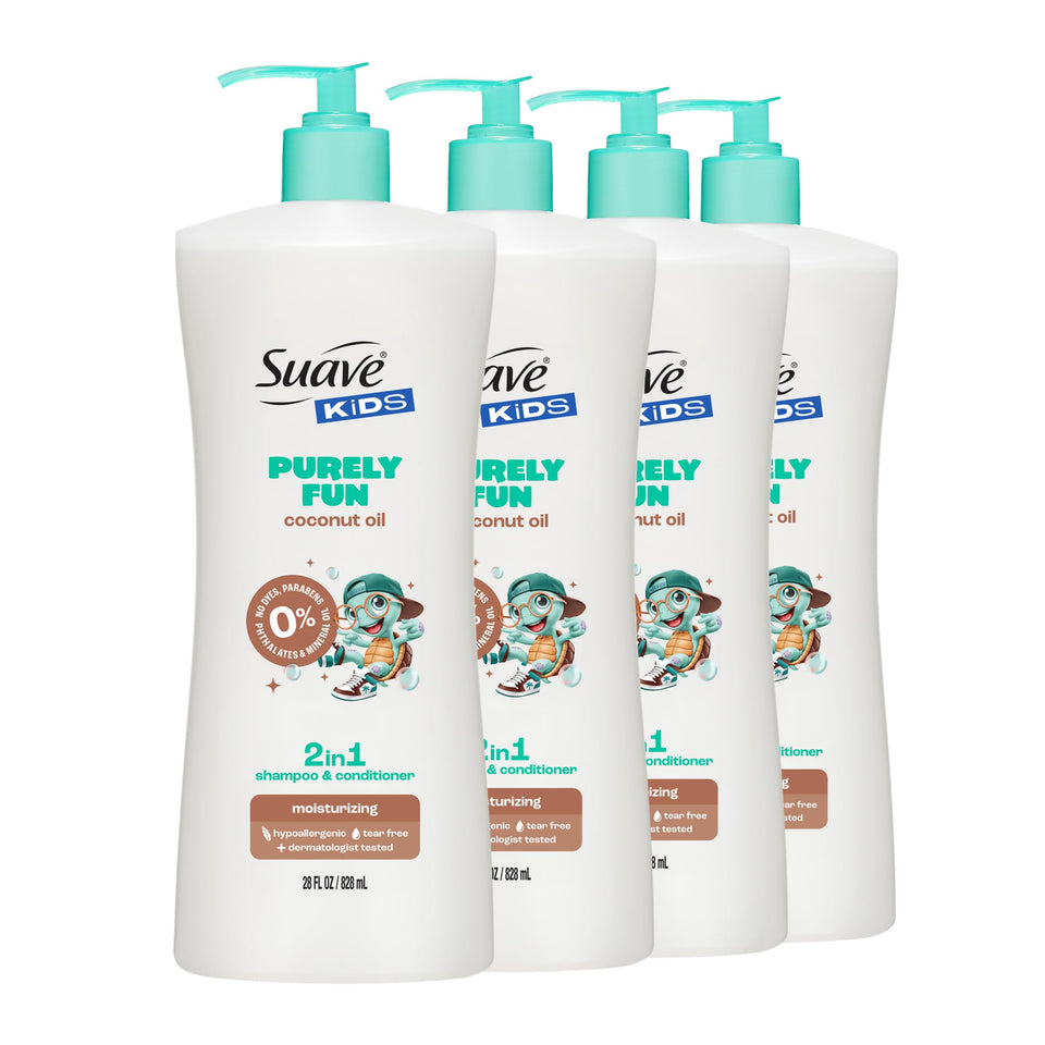 Suave Kids Purely Fun bottle with coconut oil for smooth, hydrated hair