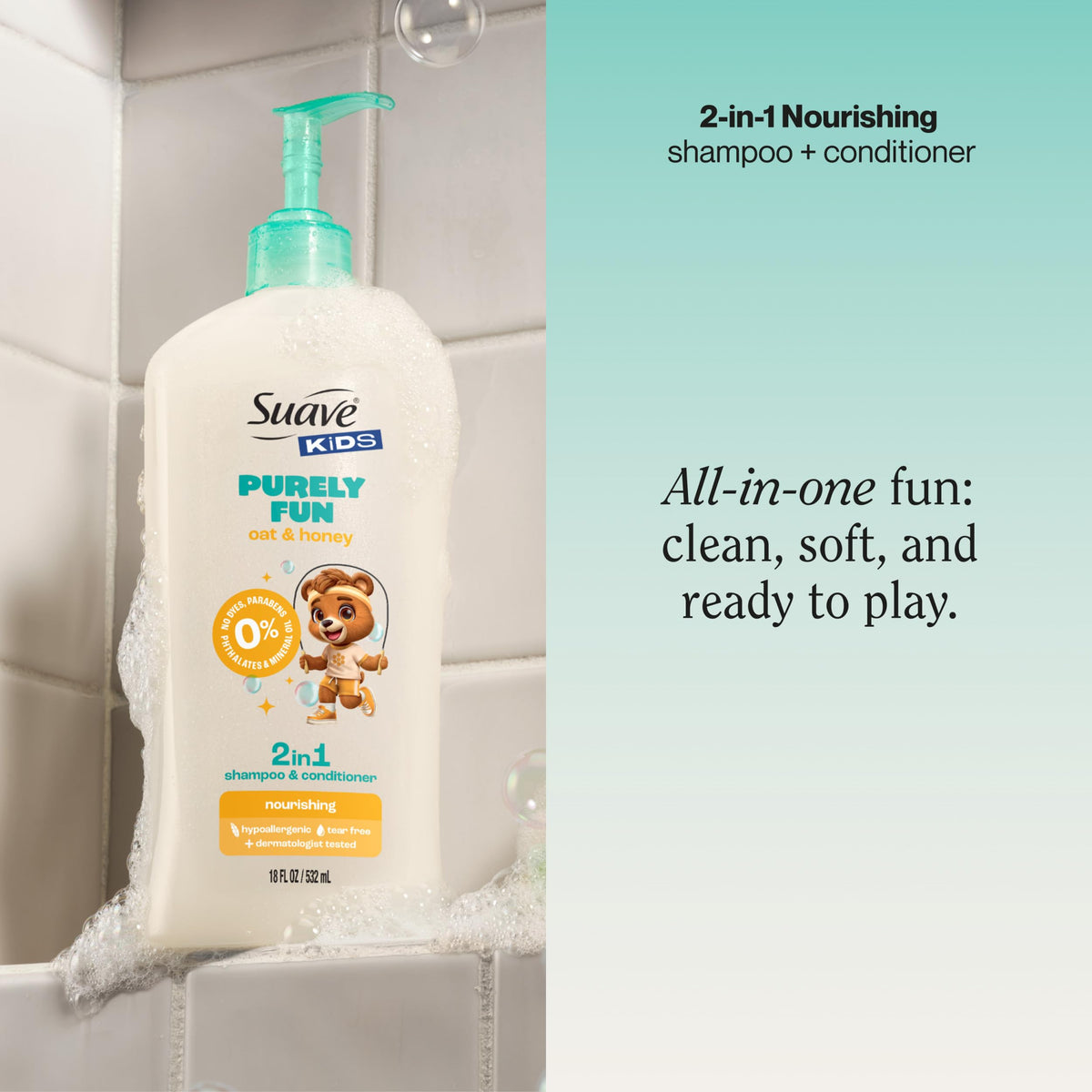 Suave Kids Purely Fun label close-up highlights a dye-free, gentle formula