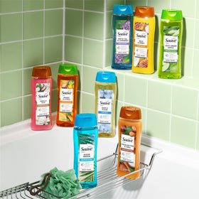 Suave lavender-white-tea foam evokes spa-like routine.