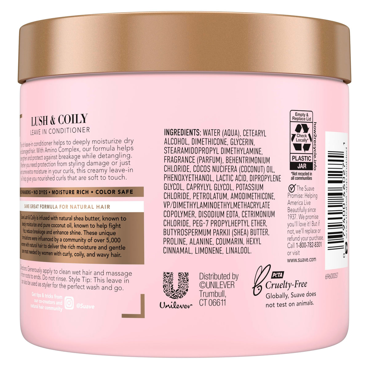 Suave leave-in conditioner bottle back highlights nourishing ingredients for smoother hair.