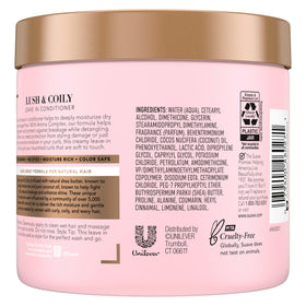 Suave leave-in conditioner bottle back highlights nourishing ingredients for smoother hair.