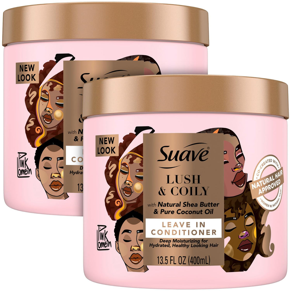 Suave leave-in conditioner bottle front shows moisture boost for defined curls.