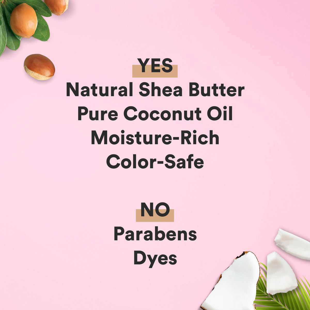 Closeup of Suave ingredients highlights coconut oil and shea butter benefits.