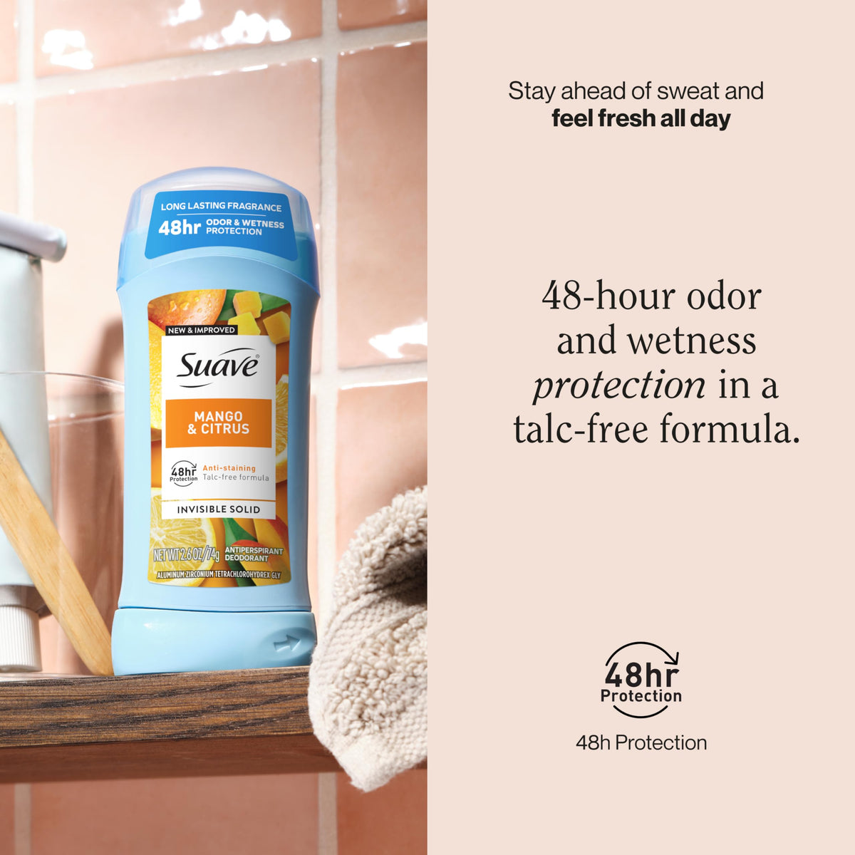 Suave Mango Citrus deodorant stick in use during a morning routine.
