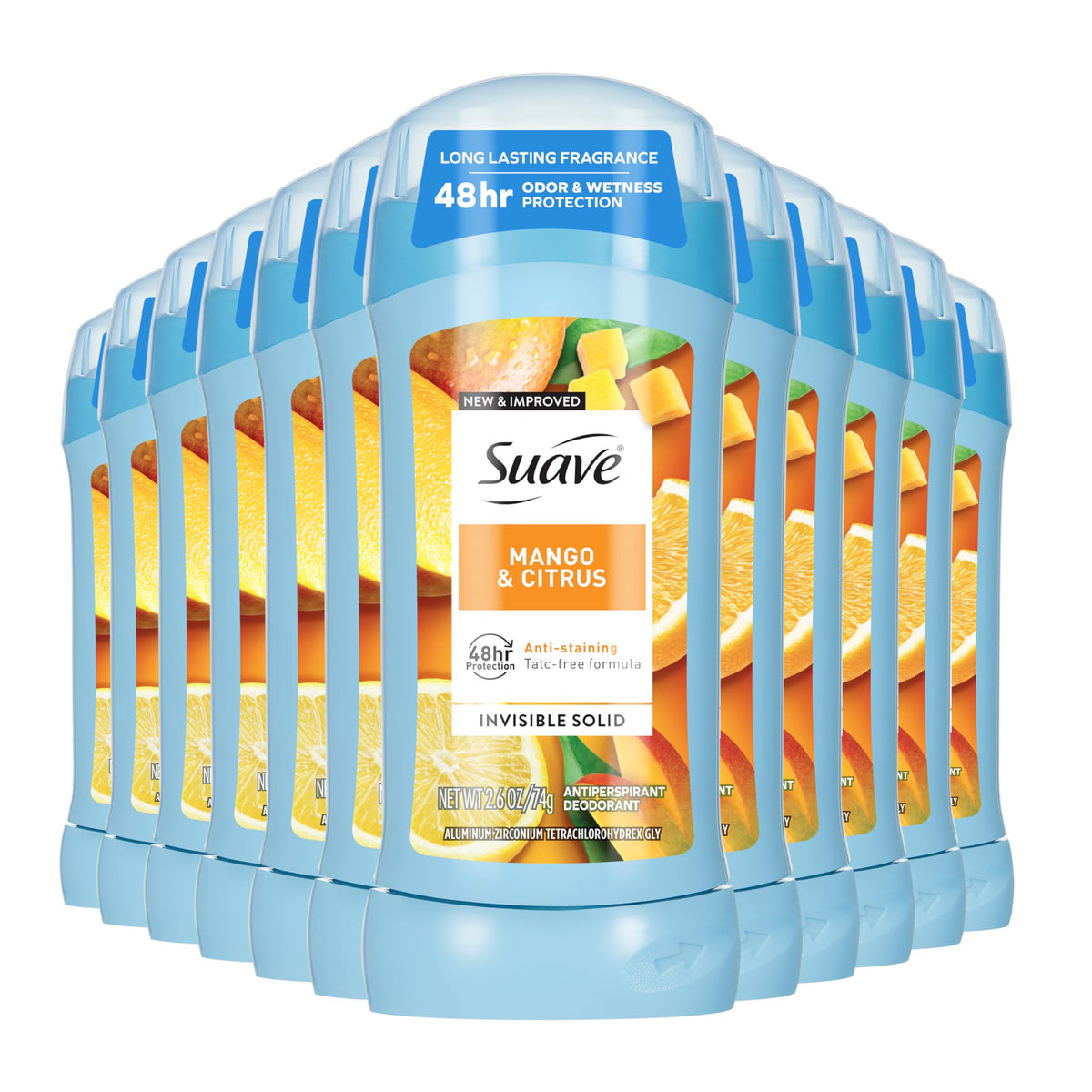 Suave Mango Citrus deodorant stick packaging shown for everyday freshness.