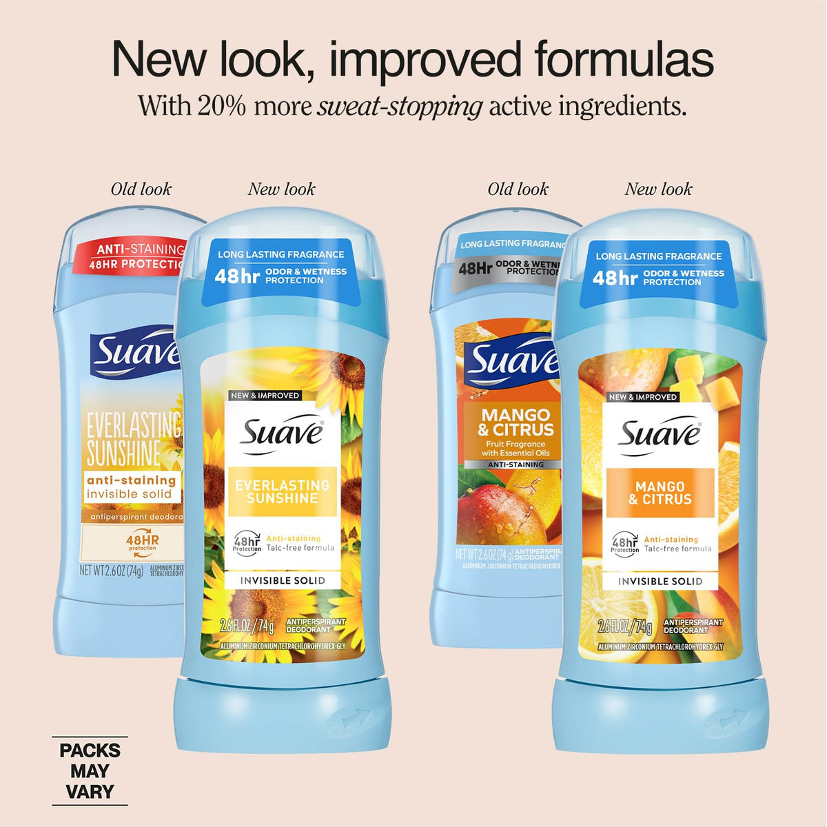 Suave Mango & Citrus deodorant stick with bright fruity fragrance for all-day freshness.